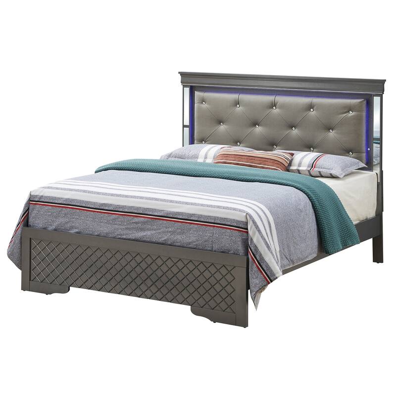 Jewel Tufted Upholstered Mirrored Panel Full Bed with LED Light - 80" - Black