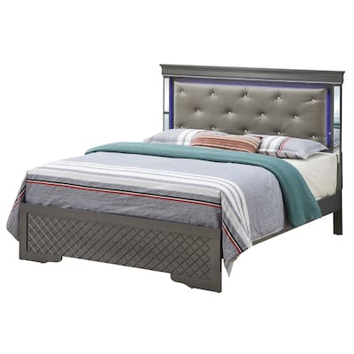 Jewel Tufted Upholstered Mirrored Panel Full Bed with LED Light - 80" - Black