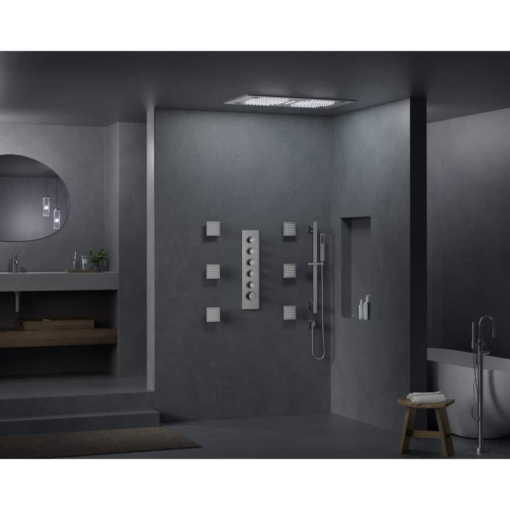 GRANDJOY LUXURY Shower Faucet Set 28"*16" Ceiling Mount Shower Head Body Jets Handheld Spray with Slide Bar LED Music