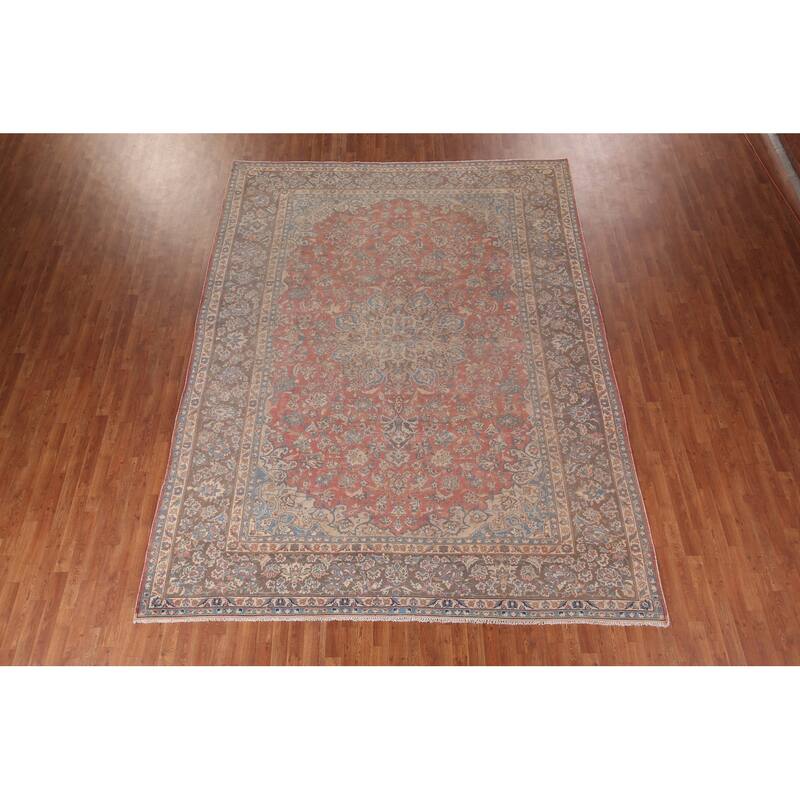 Traditional Pink Mashad Persian Vintage Rug Hand-Knotted Wool Carpet - 9'4"x 12'0"