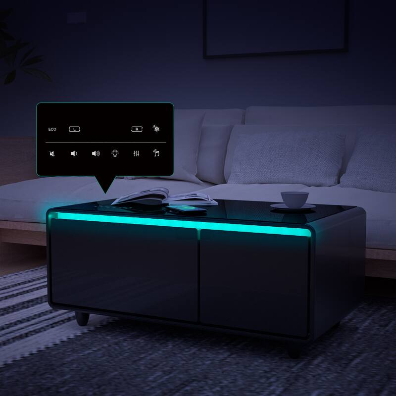 Modern Smart Coffee Table with Built-in Fridge Bluetooth Speaker Touch Control Panel Atmosphere light, for Living Room