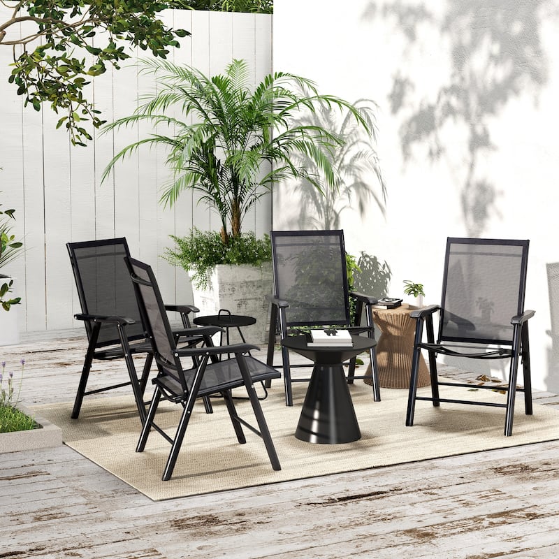 Outdoor Stackable 4 Piece Patio Kitchen Dining Chairs with Sling Mesh, Armrests, Backrests for Restaurants Lawns Camping Beaches