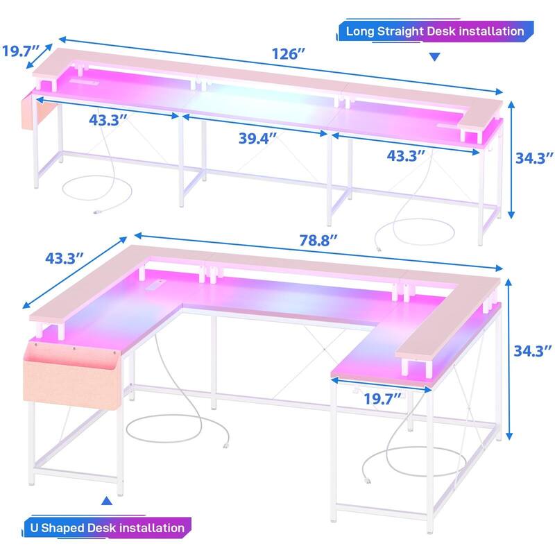 U Shaped Desk, 126 Inch Gaming Desk with Monitor Stand and LED Lights