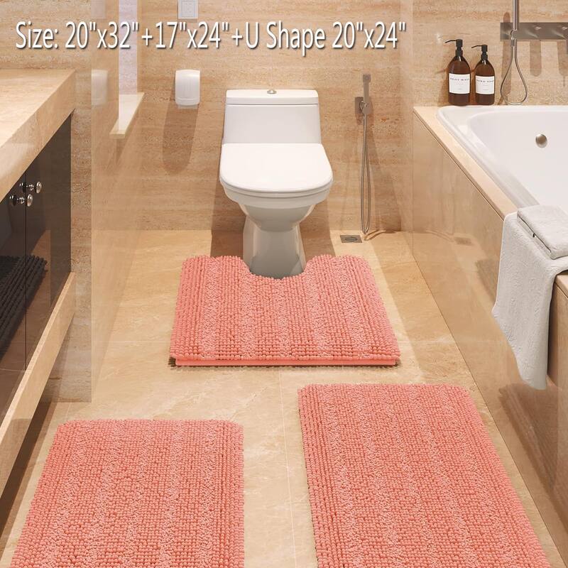 Ultra Soft Striped Non Slip Chenille Bathroom Rug Set 3 Pieces