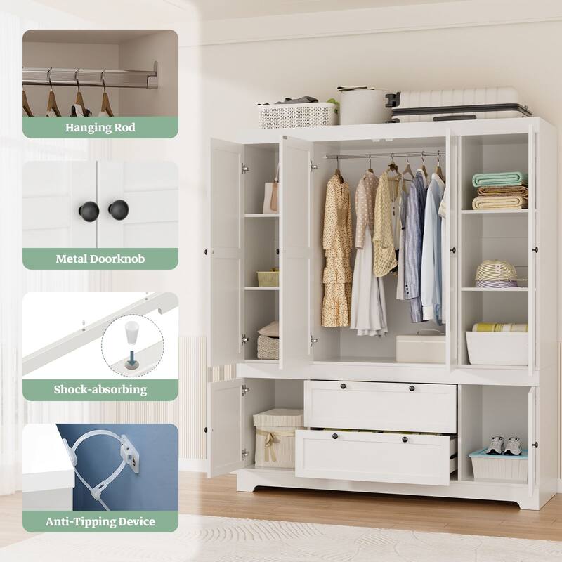Gyomojoy Large White Wardrobe Closet with Drawers & Doors, Modular Armoire with Hanging Rods, Apartment & Dorm Storage