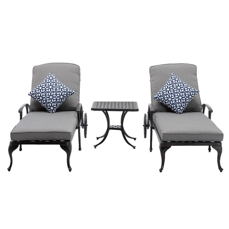3-Piece Aluminum Reclining Outdoor Chaise Lounge with Table and Cushions