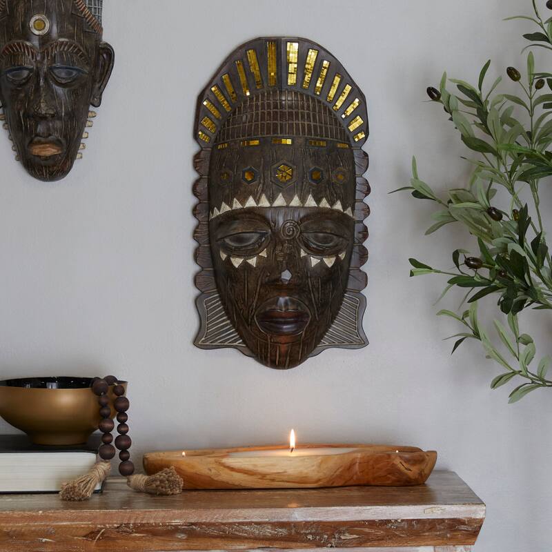 Brown Polystone Primitive African Mask and Standing African Woman Sculpture Wall Decor