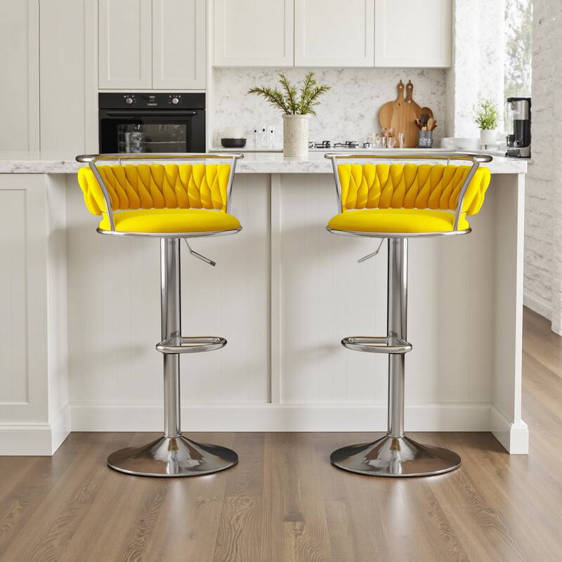 Velvet Upholstered Adjustable Bar Stool Swivel Counter Chair Set of 2 - Yellow/Silver - Set of 2