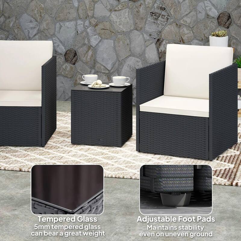 Folding Wicker Bistro 3-Piece Outdoor Set with Cushions and Glass Top