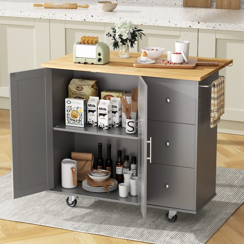 Rolling Kitchen Island with Storage Cabinet & 3 Drawers – Mobile Storage Cart with Extendable Countertop for Small Spaces