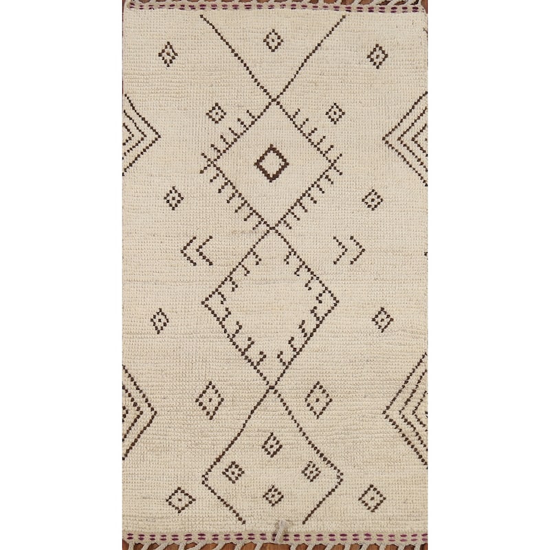 Ivory Geometric Moroccan Oriental Accent Rug Handmade Wool Carpet - 2'10"x 5'7"