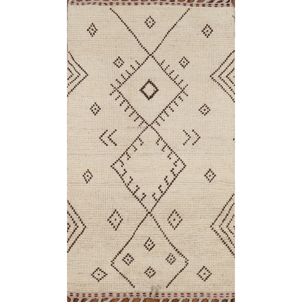 Ivory Geometric Moroccan Oriental Accent Rug Handmade Wool Carpet - 2'10"x 5'7"