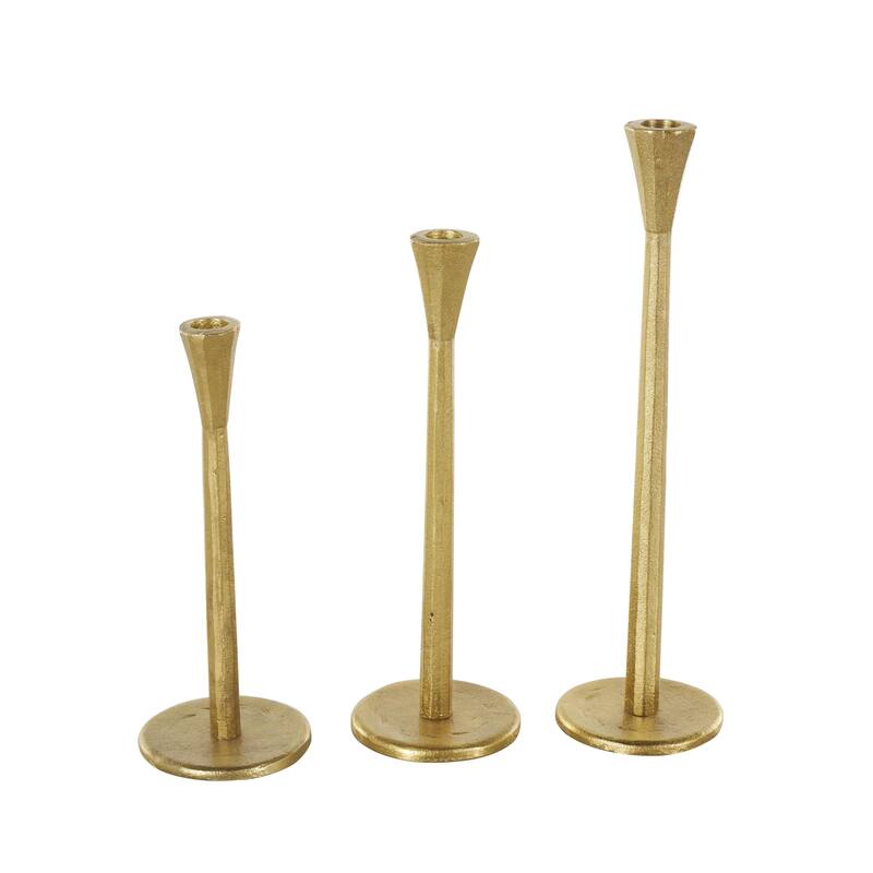 Gold Aluminum Metal Tapered Slim Minimalistic Decorative Candle Holder with Round Base (Set of 3) - 4"W x 4"L x 14"H