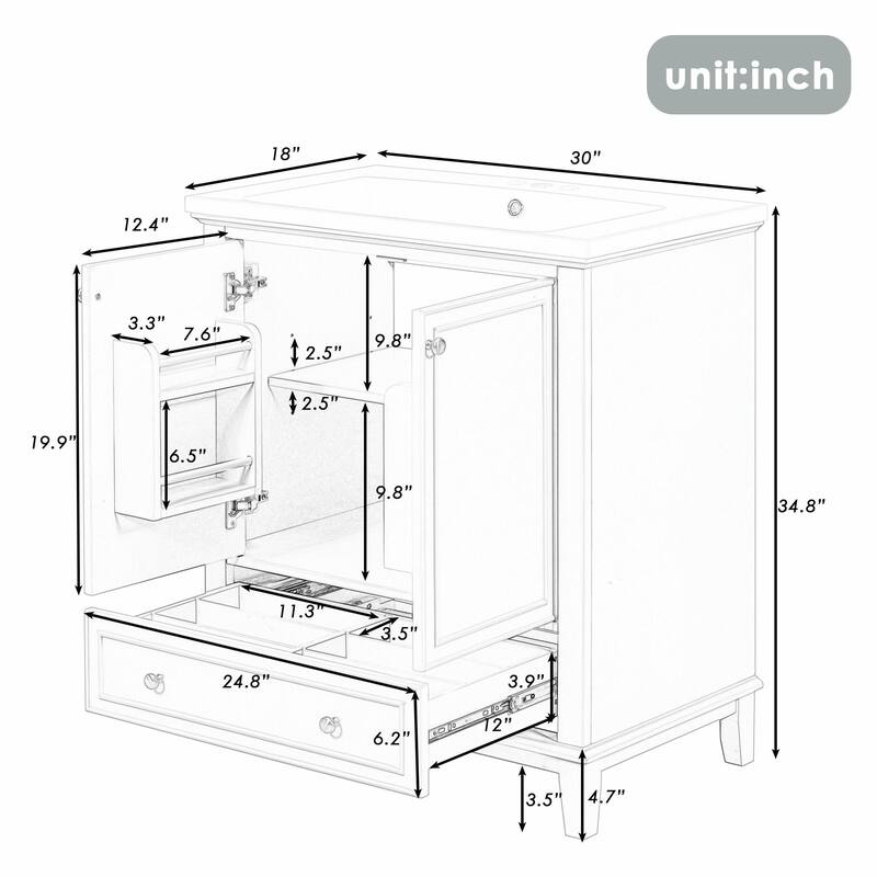 30" Bathroom Vanity Base Cabinet with Doors and Drawer
