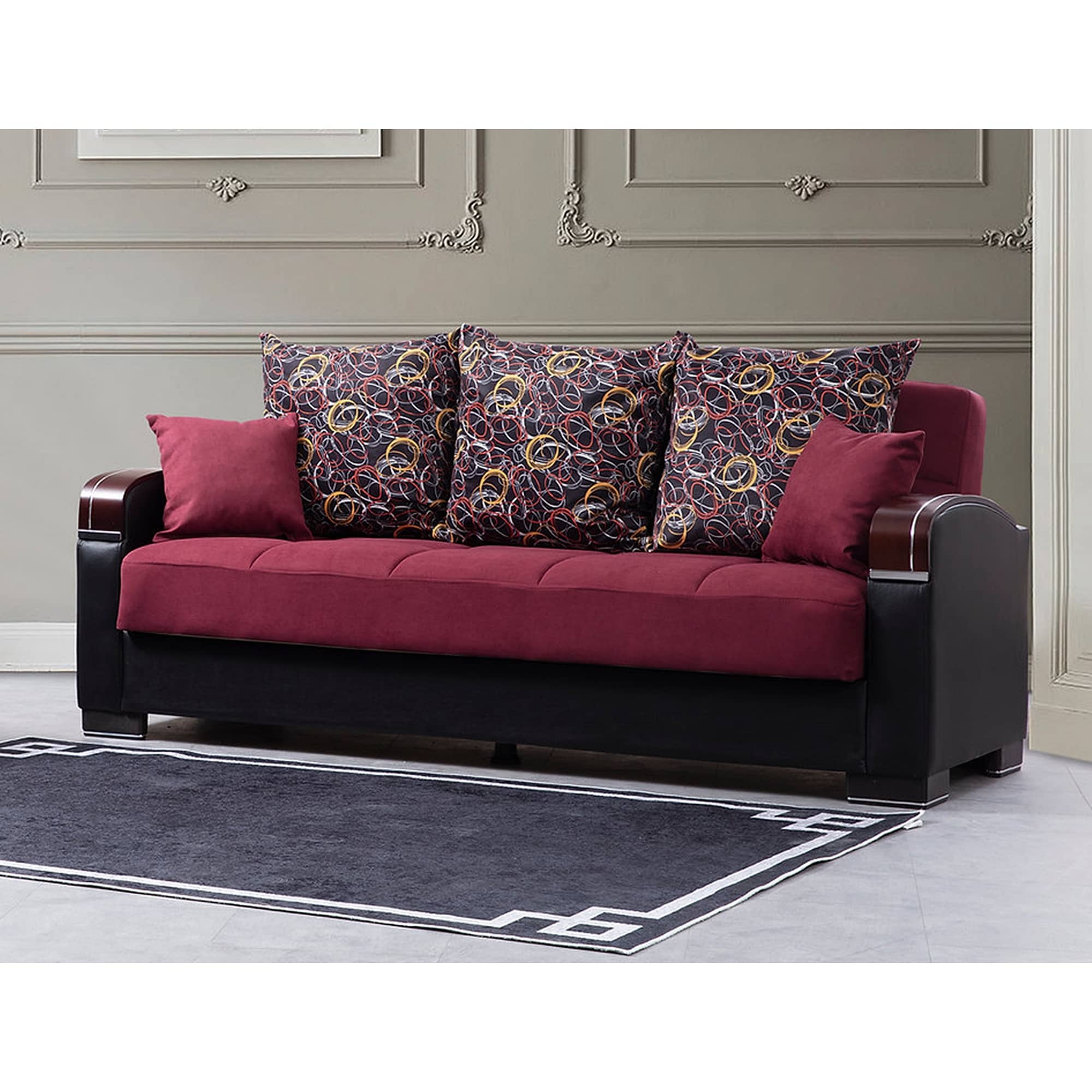 Tulsa Burgundy Fabric-Leather Upholstered Sleeper Sofa with Storage - - 35180598