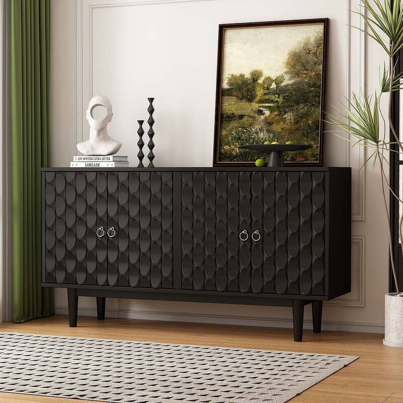 60" Modern 4-Door with Convex Pattern Doors and Silver Handles Buffet/Sideboard