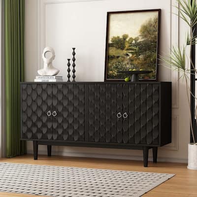 60" Modern 4-Door with Convex Pattern Doors and Silver Handles Buffet/Sideboard