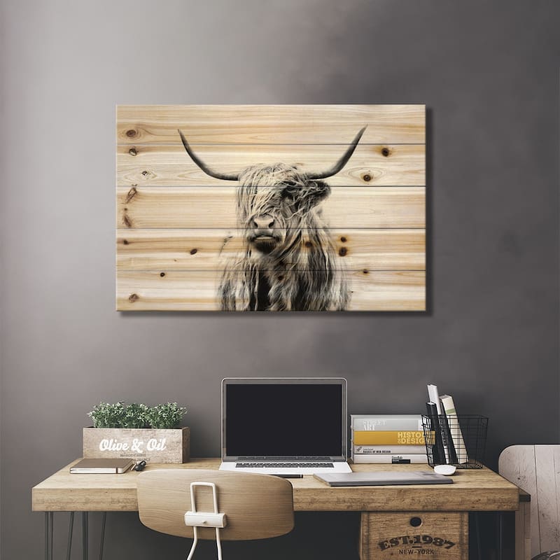 Portrait Of A Highland Cow Print On Wood by Dorit Fuhg - Multi-Color