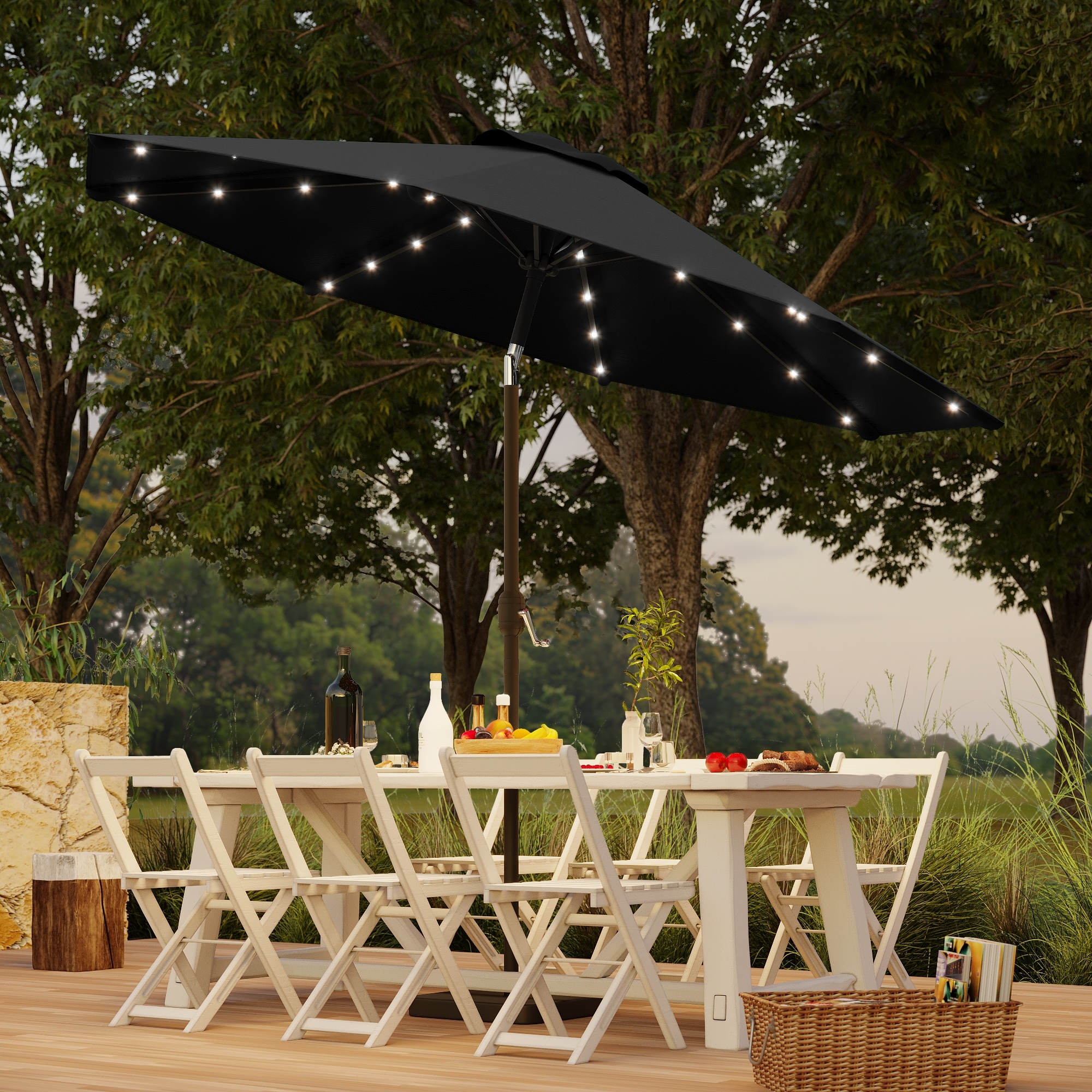 BONOSUKI Patio 9Ft LED Market Umbrellas With Solar Lights, Table Umbrella for Patio and Outdoor With Tilt Button