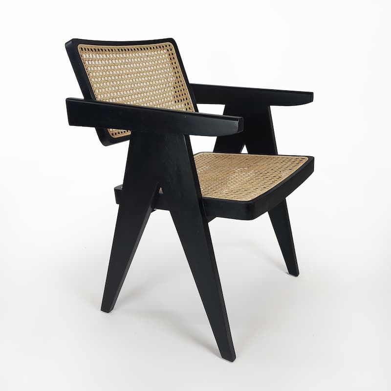 Nacum Stained Teak Wood and Natural Rattan Modern Armchair - Black