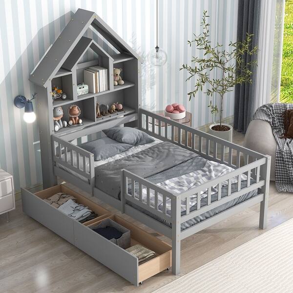 slide 2 of 18, Twin Size House-Shaped Platform Bed with Headboard and Fence Guardrails and Drawers Grey