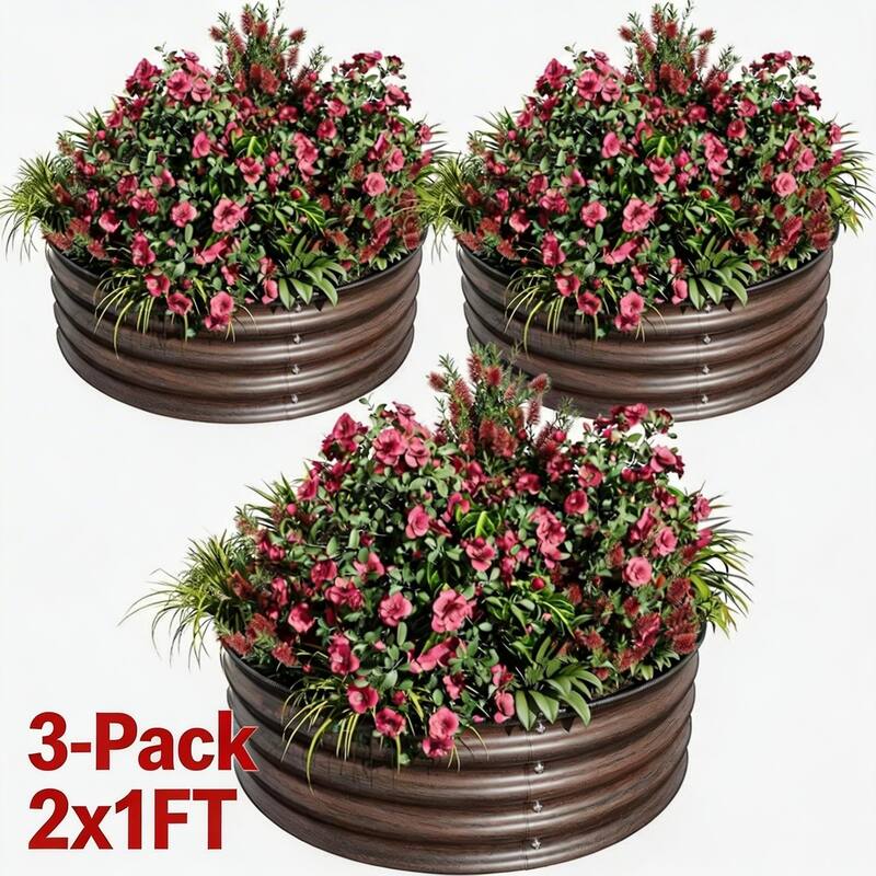 3-Pack 2x1FT Galvanized Raised Garden Beds Round for Vegetables Flowers and Fruits Silver - Brown