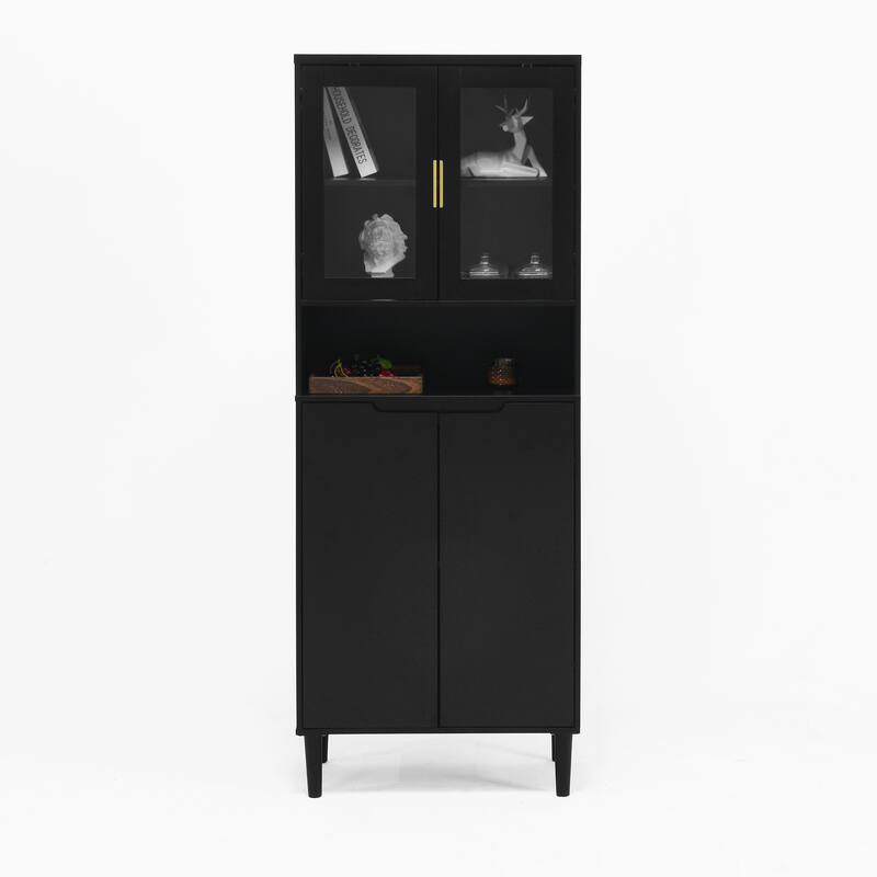 Tall Storage Show Cabinet with 2 Glass Display Door & 2 Doors - Black