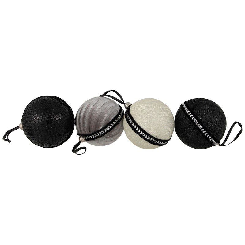 Sequined and Textured Christmas Ball Ornaments - 2.75" - Black - Set of 4