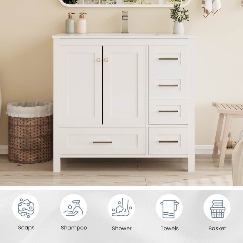 EROMMY All-in-One Bathroom Vanity with Ceramic Sink, Soft-Close Storage Cabinet & Drawer, Glossy Countertop, White