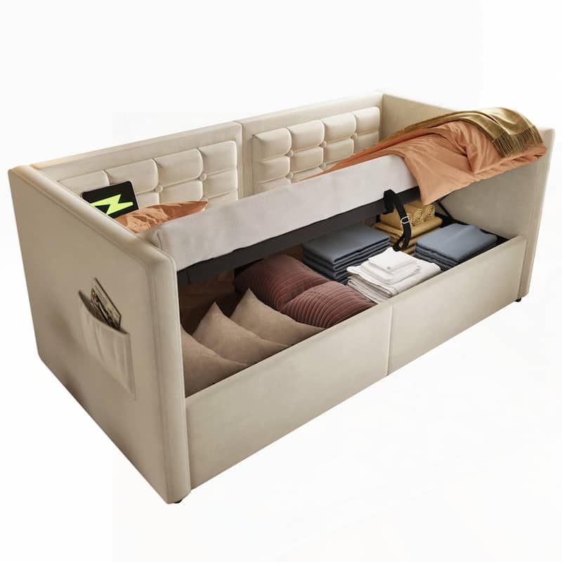 Hydraulic Storage Twin Bed Frame with Wooden Slats and Tufted Sofa Back