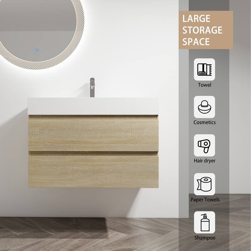 24/30/36 Single Sink Wall-Mounted Bathroom Vanity with Integrated Thick Edge Resin Sink