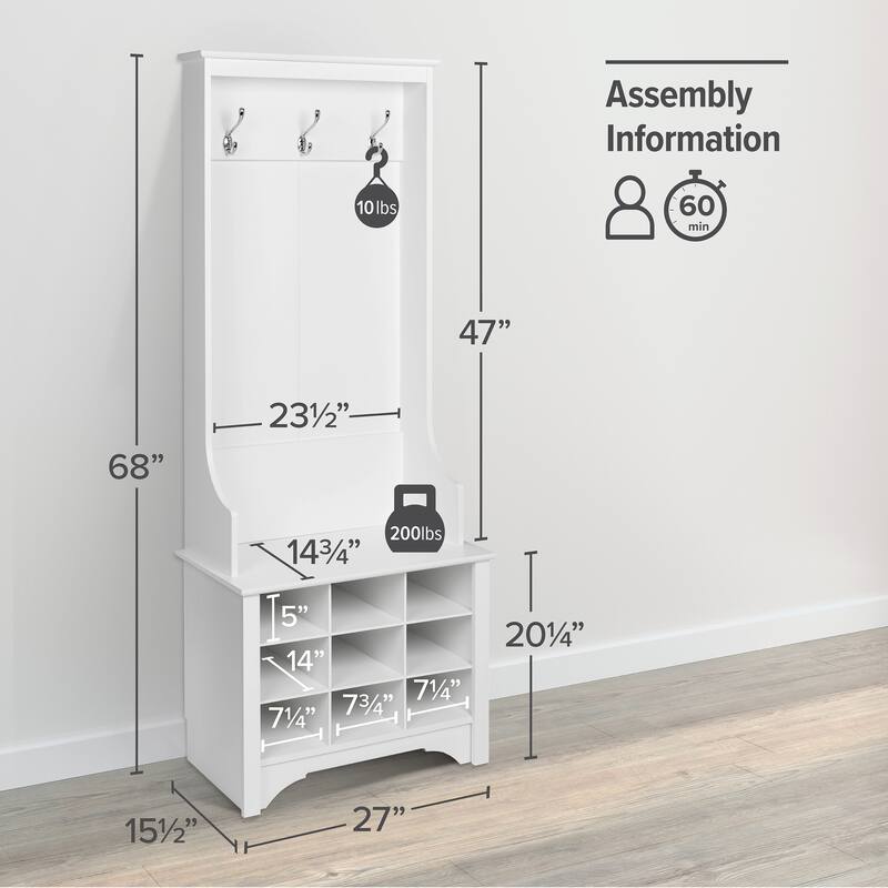 Prepac Narrow Hall Tree with 9 Shoe Cubbies - 27 in W x 68 in H x 15.5 in D