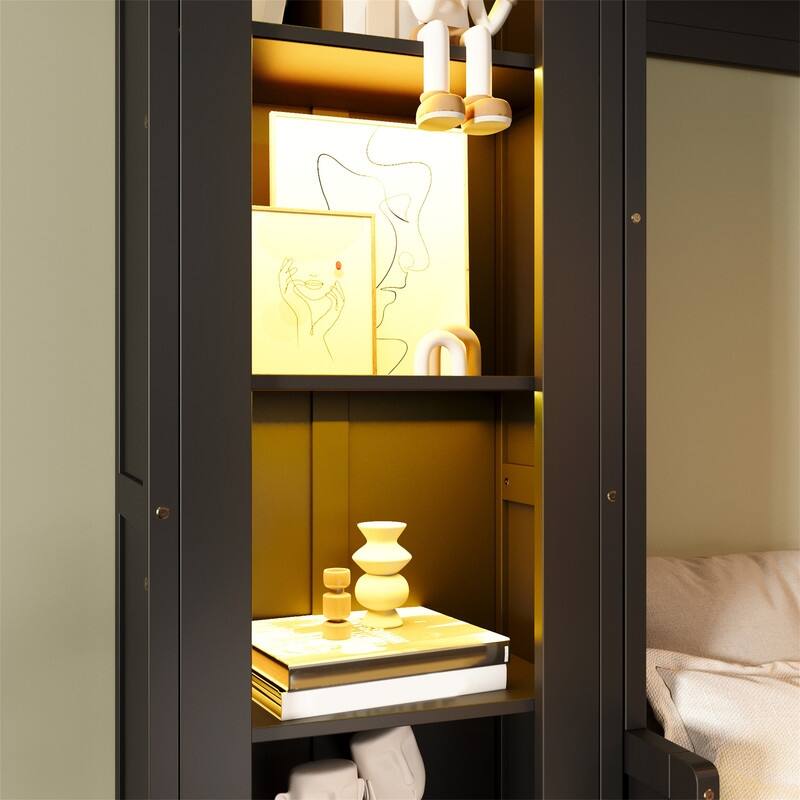 Queen Size Murphy Platform Bed with Side Cabinets, 2 Drawers and LED Light, Wooden Foldable Murphy Wall Bed with Storage Shelves