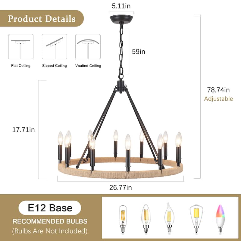 12-Light W26.77" x H78.74" Hemp Rope Wagon Wheel Chandelier for Living Room