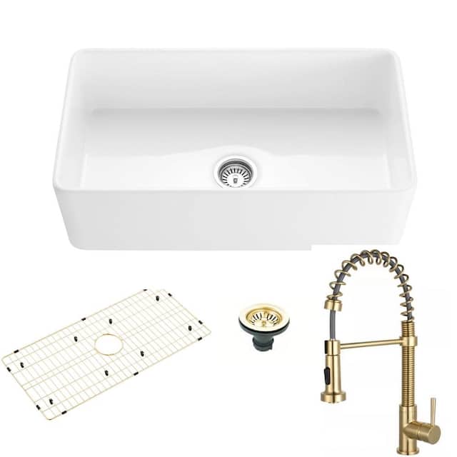 Fireclay Farmhouse Kitchen Sink - Contemporary European Design - 30-Inch - Sink w/grid, drain cover & faucet - Brushed Gold