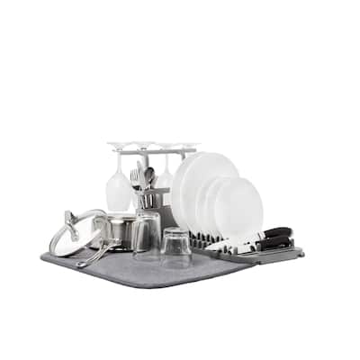 Umbra UDRY Dish Drying Rack and Microfiber Dish Mat with Stemware Holder and Utensil Caddy - charcoal