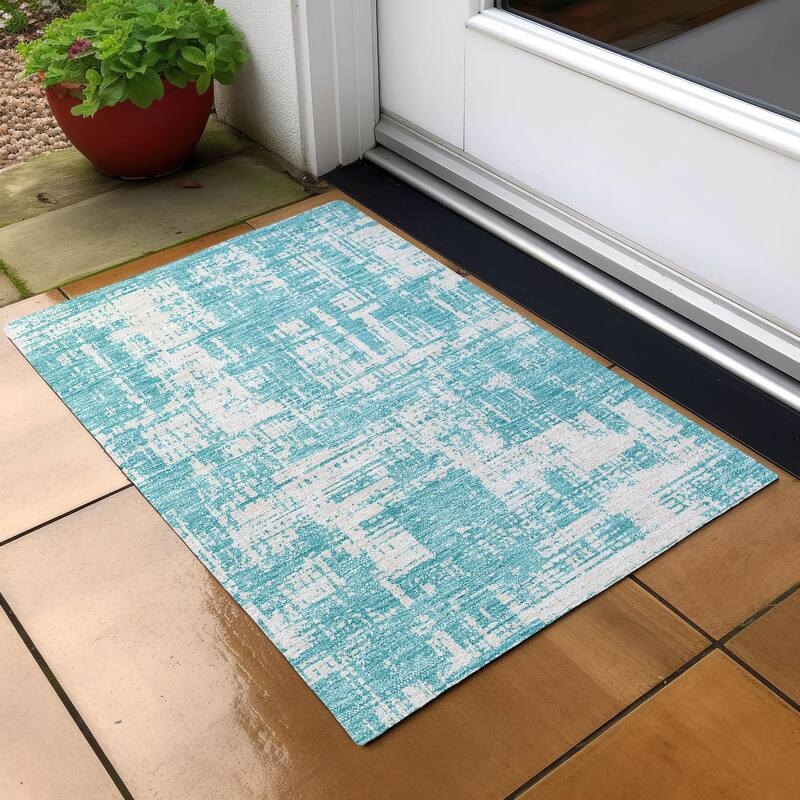 Machine Washable Indoor/ Outdoor Chantille Abstract Solid Rug - Aqua - 1'8" x 2'6"