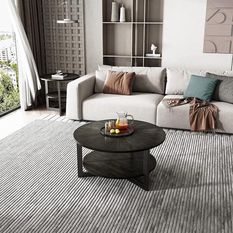 Round Coffee Table with Solid Wood Storage Circle Center Table