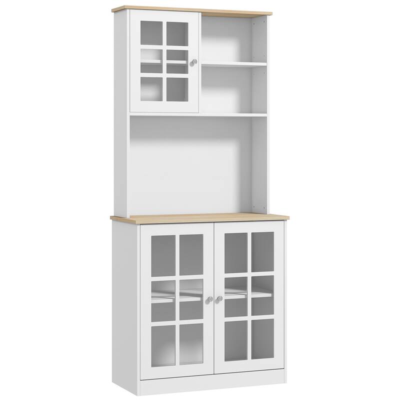 72" Freestanding Storage Cabinet with Hutch, Large Countertop, Glass Doors and Adjustable Shelves - White