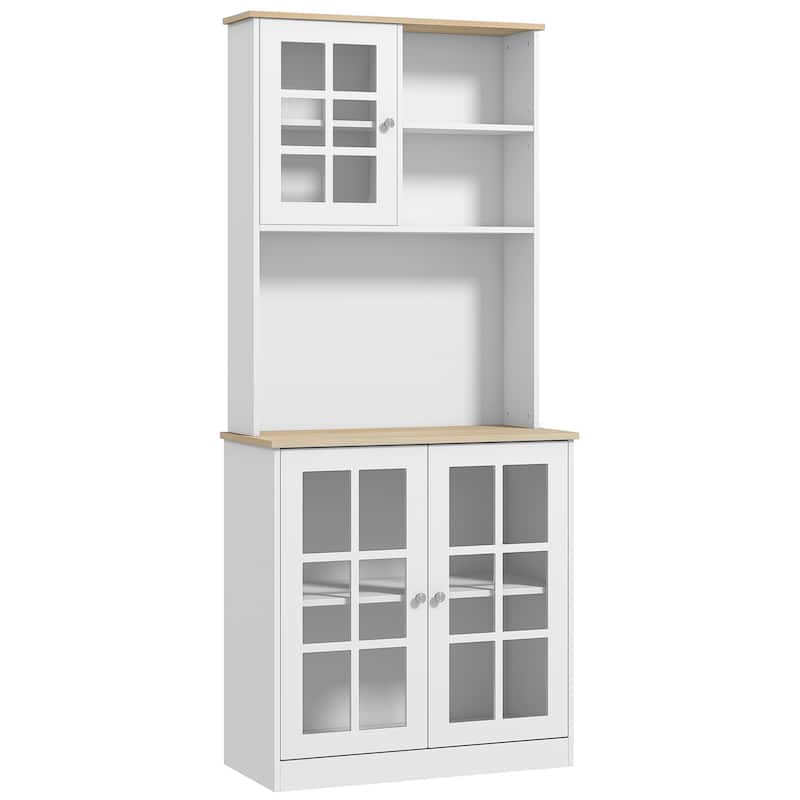 Modern Storage Cabinet with Large Countertop, Glass Doors and Adjustable Shelves - White