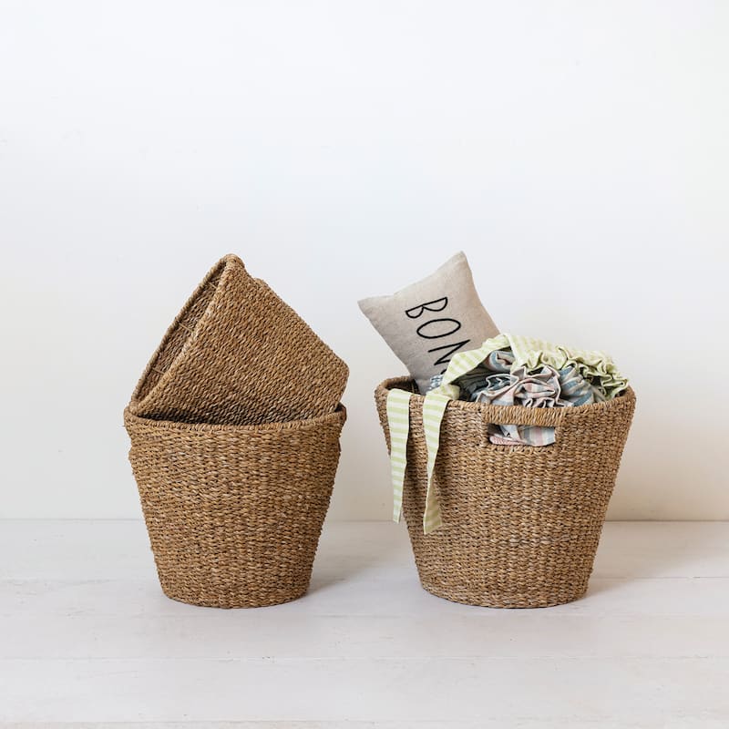 Decorative Hand-Woven Seagrass Cone Baskets with Handles, Set of 3 - 18.0"L x 11.8"W x 15.0"H