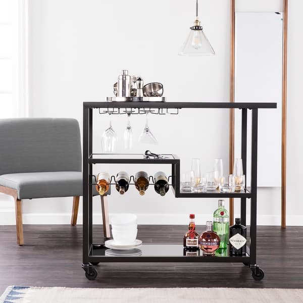 slide 2 of 13, SEI Furniture Zephs Black Smoked Mirror Bar Cart