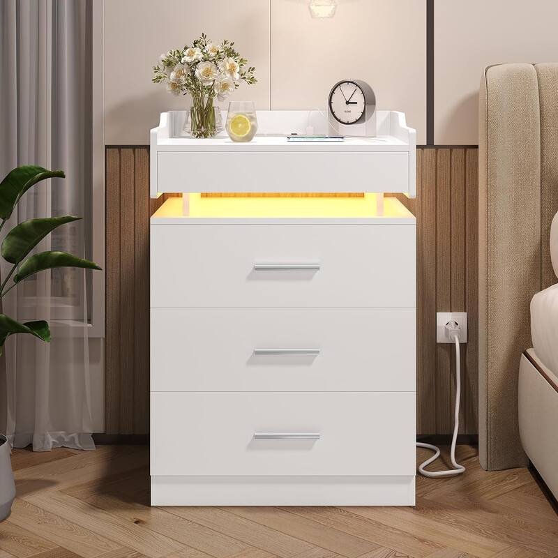 Nightstand with Charging Station and LED Lights 3 Drawers - White