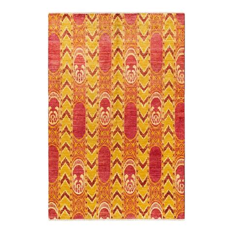 Overton One-of-a-Kind Hand-Knotted Contemporary Ikat Modern Orange Area Rug - 6' 1" x 9' 3"