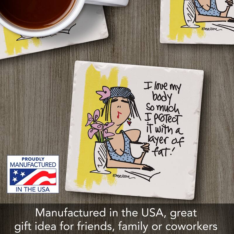 Love My Body 4 Pack Absorbent Stone Coasters with Cork Backing 4" Square Made in The USA Absorbent Wipes Clean