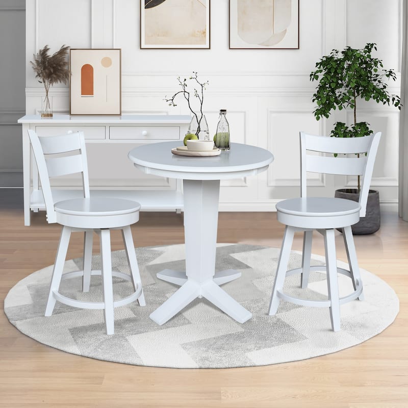 30 in Solid Wood Round Top Counter Height Dining Table with 2 Stools in White