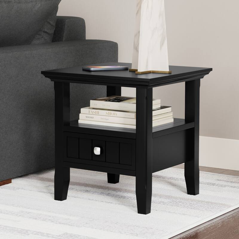 Wyndenhall Normandy 19 inch Wide Solid Wood Transitional End Table with Drawer - 19" D x 19" W x 20" H - Black