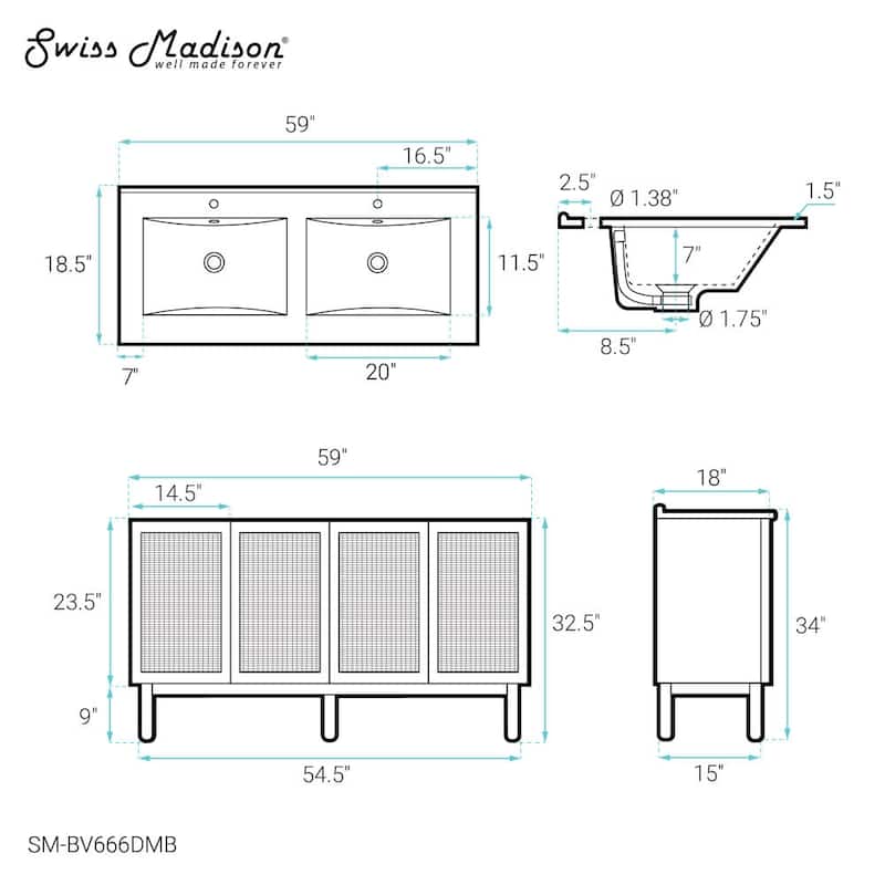 Swiss Madison SM-BV666DMB Classe 59" Free Standing Double Basin Vanity