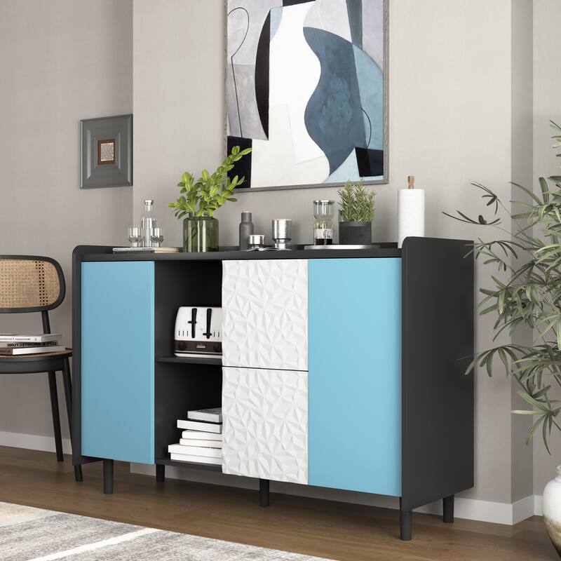 Modern Sideboard Buffet Cabinet with 2 Drawers and 2 Open Storage Compartment