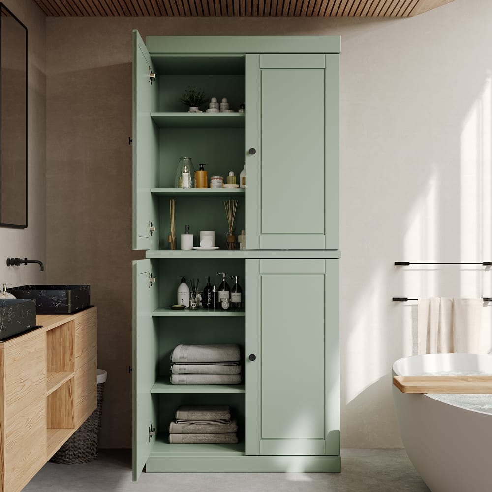 100% Solid Wood Tall Freestanding Bathroom Linen Cabinet with Doors, Adjustable Shelves, Modular Storage, 32" W x 71.5" H